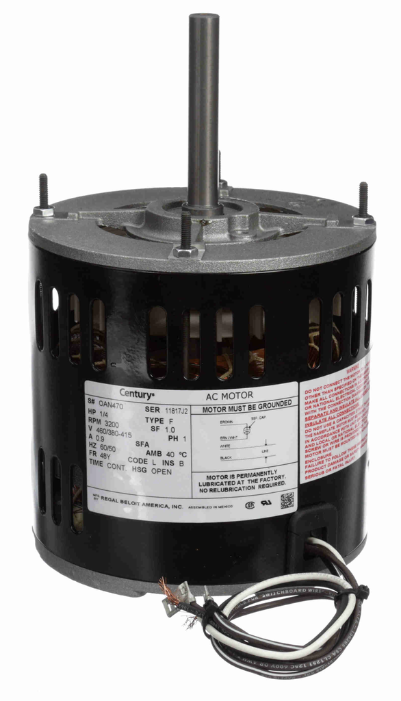 OAN470 - Century OEM Replacement Motor, 1/4 HP, 1 Ph, 60 Hz, 460/380-415 V, 3600 RPM, 48Y Frame, OPEN