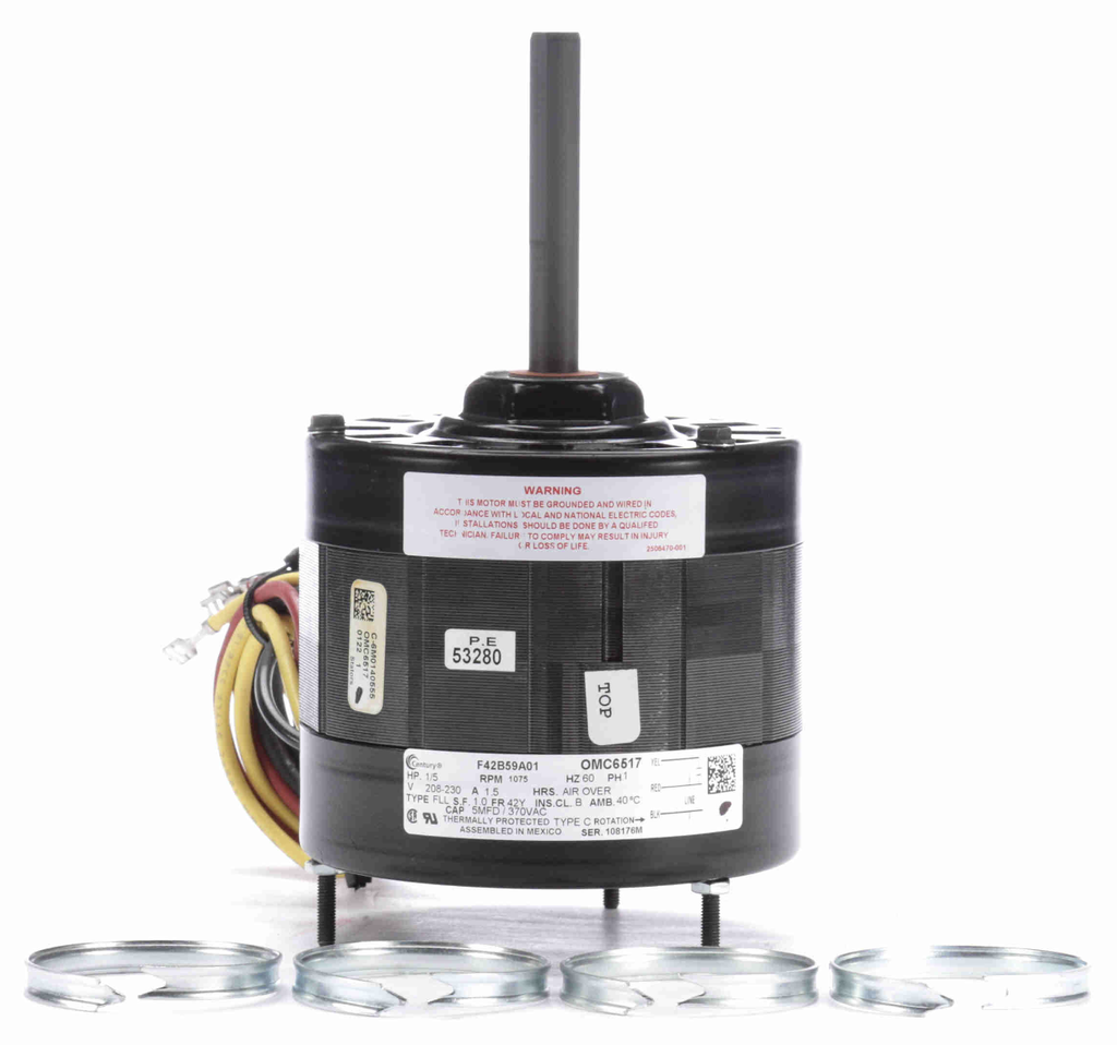 OMC6517 - Century OEM Replacement Motor, 1/5 HP, 1 Ph, 60 Hz, 208-230 V, 1075 RPM, 1 Speed, 42 Frame, OPEN