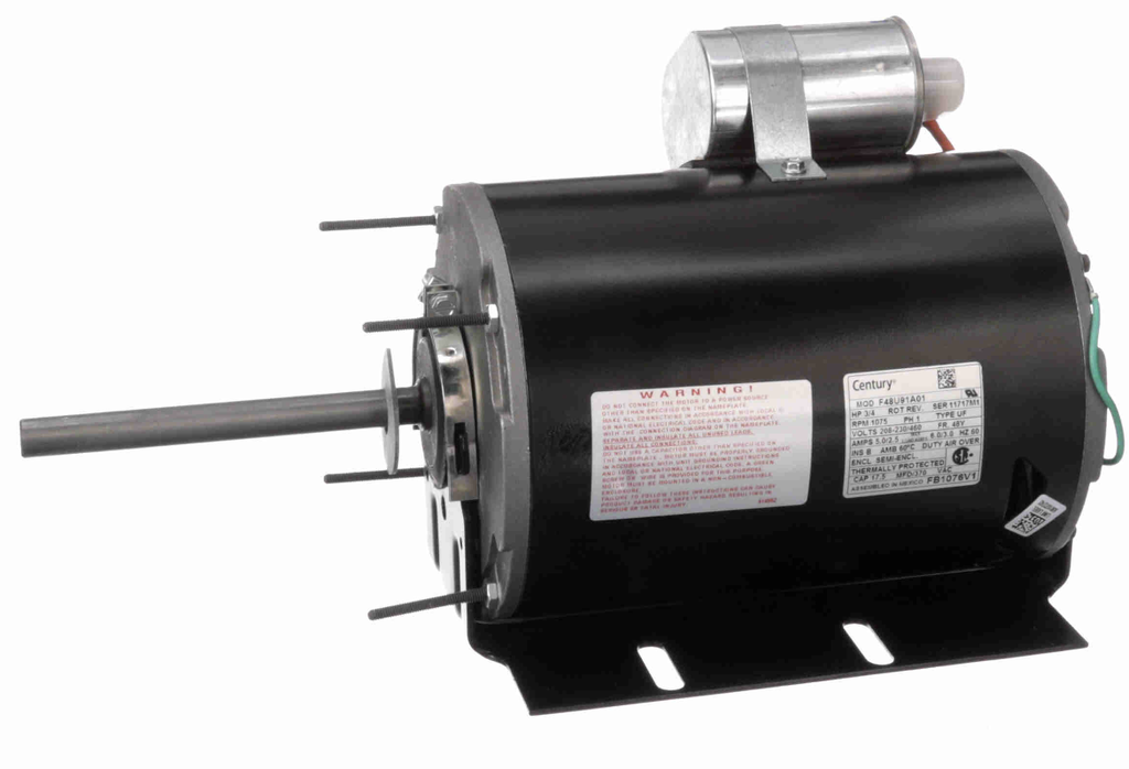 FB1076V1 - Century Condenser Fan Motor, 3/4 HP, 1 Ph, 60 Hz, 208-230/460 V, 1075 RPM, 1 Speed, 48 Frame, SEMI ENCLOSED