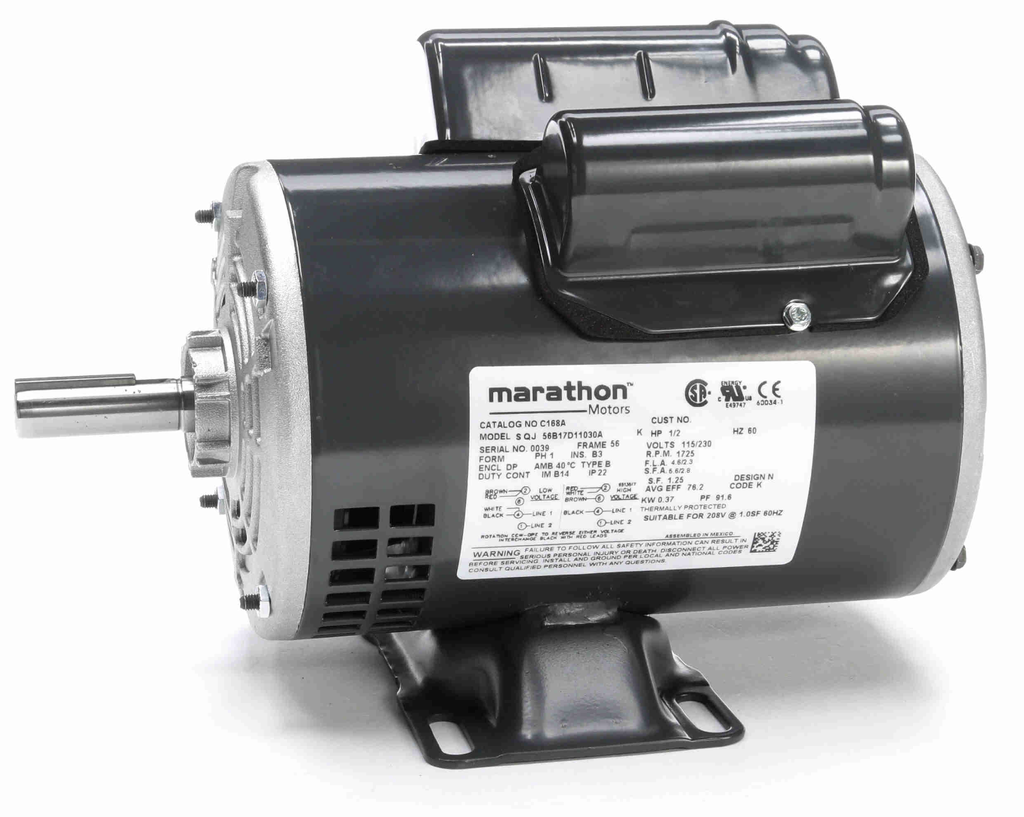 C168A - Marathon General Purpose Motor, 0.50 HP, 1 Ph, 60 Hz, 115/230 V, 1800 RPM, 56 Frame, DP