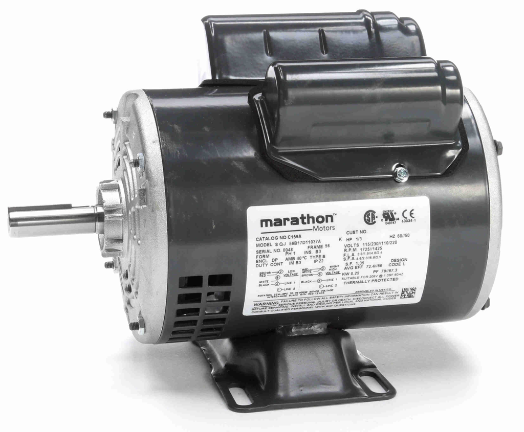 C159A - MARATHON GENERAL PURPOSE MOTOR, 0.33 & 0.33 HP, 1 PH, 60 & 50 HZ, 115/230 & 110/220 V, 1800 & 1500 RPM, 56 FRAME, DP